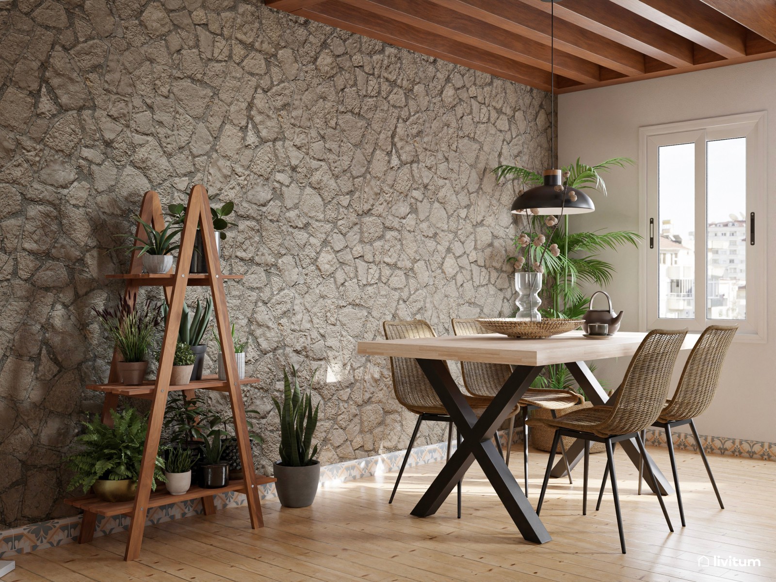 Salón comedor con decoración biofílica y pared de piedra