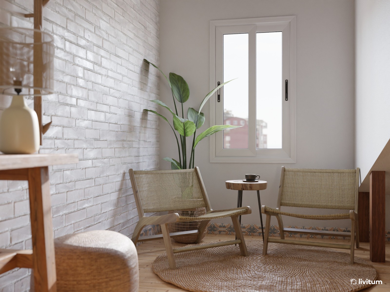 Salón comedor con decoración biofílica y pared de piedra