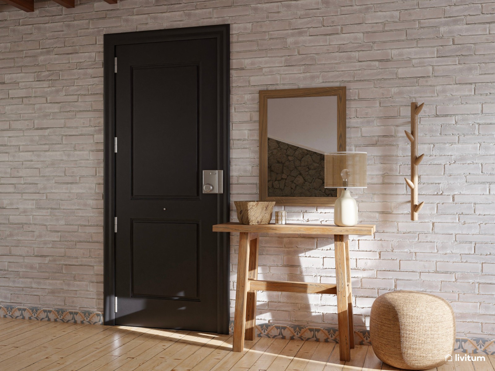 Salón comedor con decoración biofílica y pared de piedra