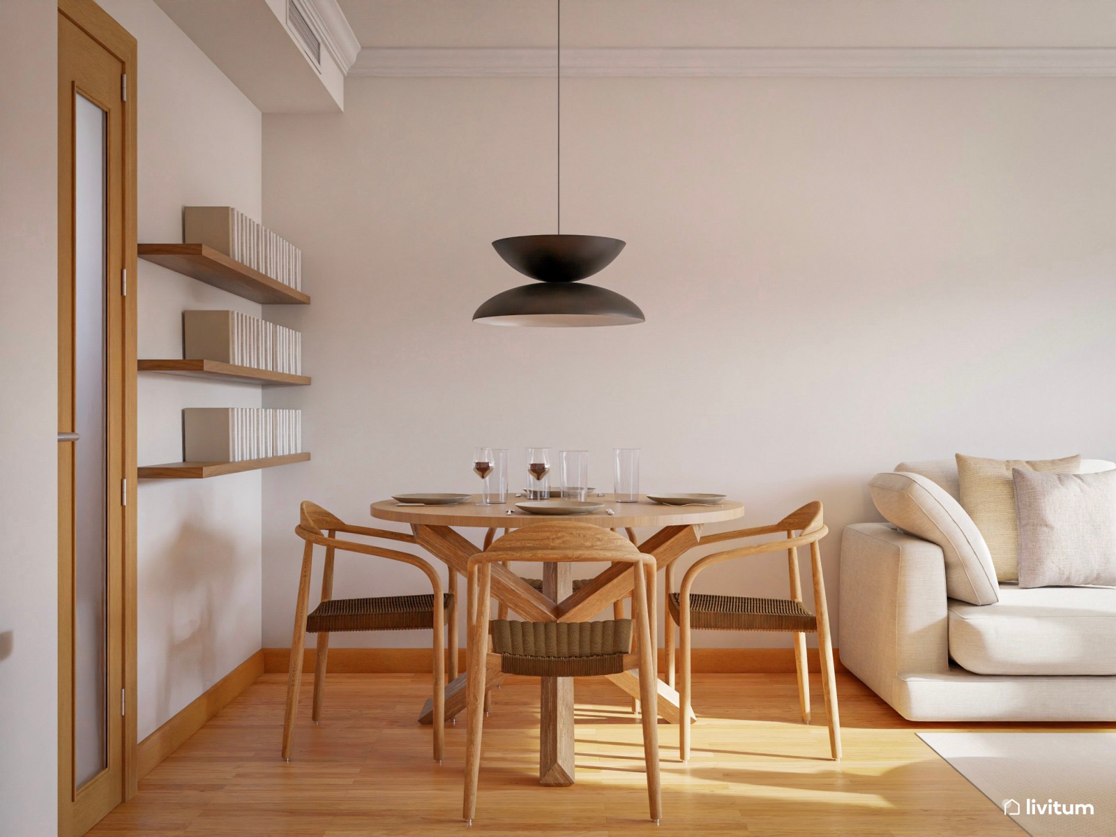 Salón comedor con listones y espejo tipo ventana 