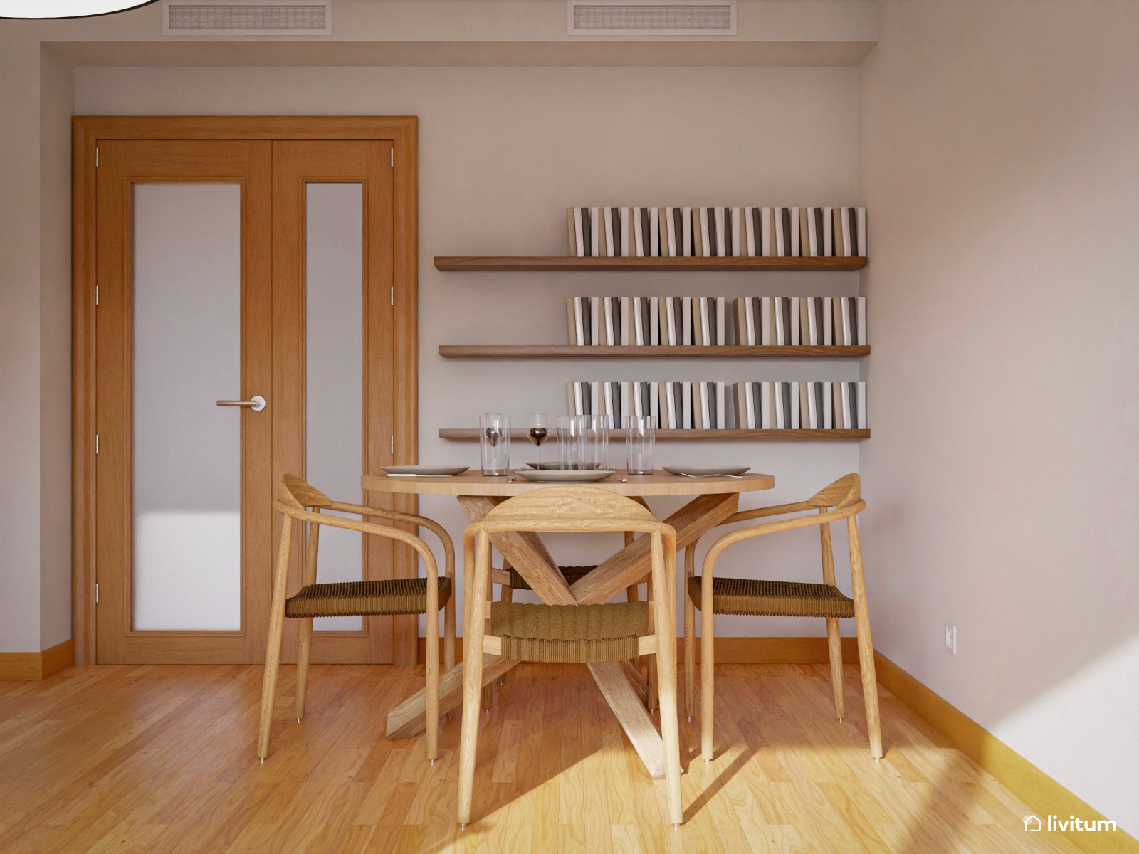 Salón comedor con listones y espejo tipo ventana 