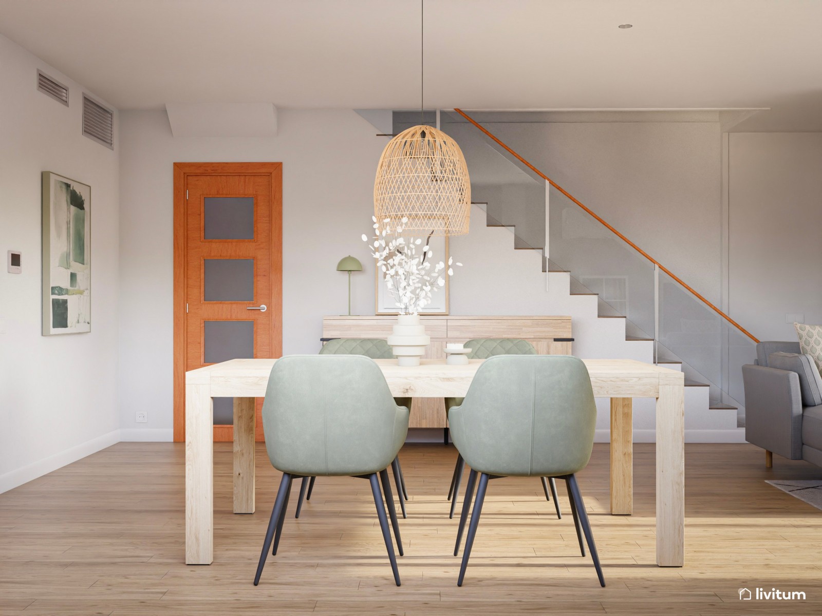 Salón comedor con separador de listones de madera 