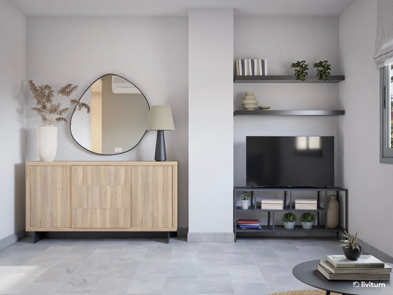 Salón comedor con sillas de madera y rejilla negras