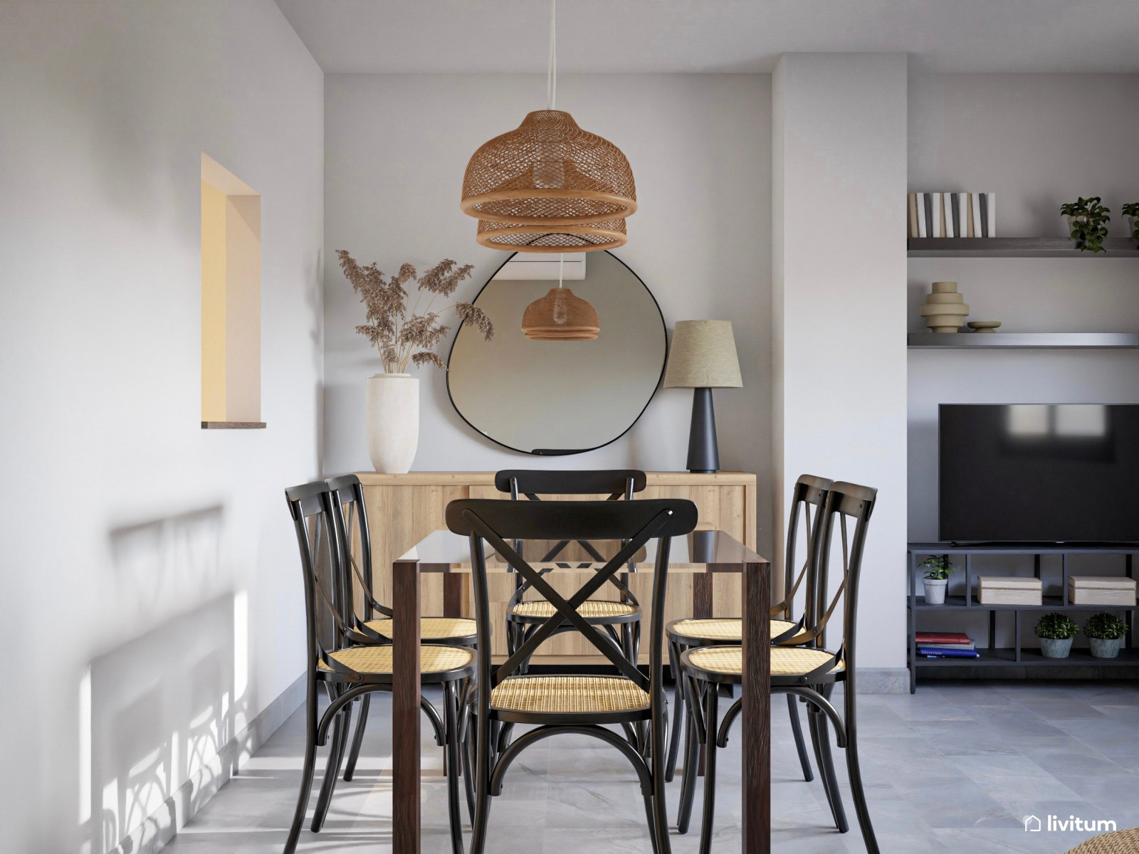 Salón comedor con sillas de madera y rejilla negras