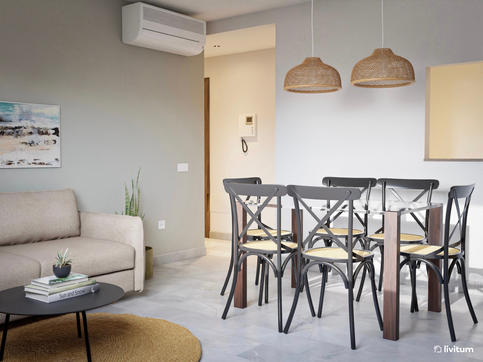 Salón comedor con sillas de madera y rejilla negras