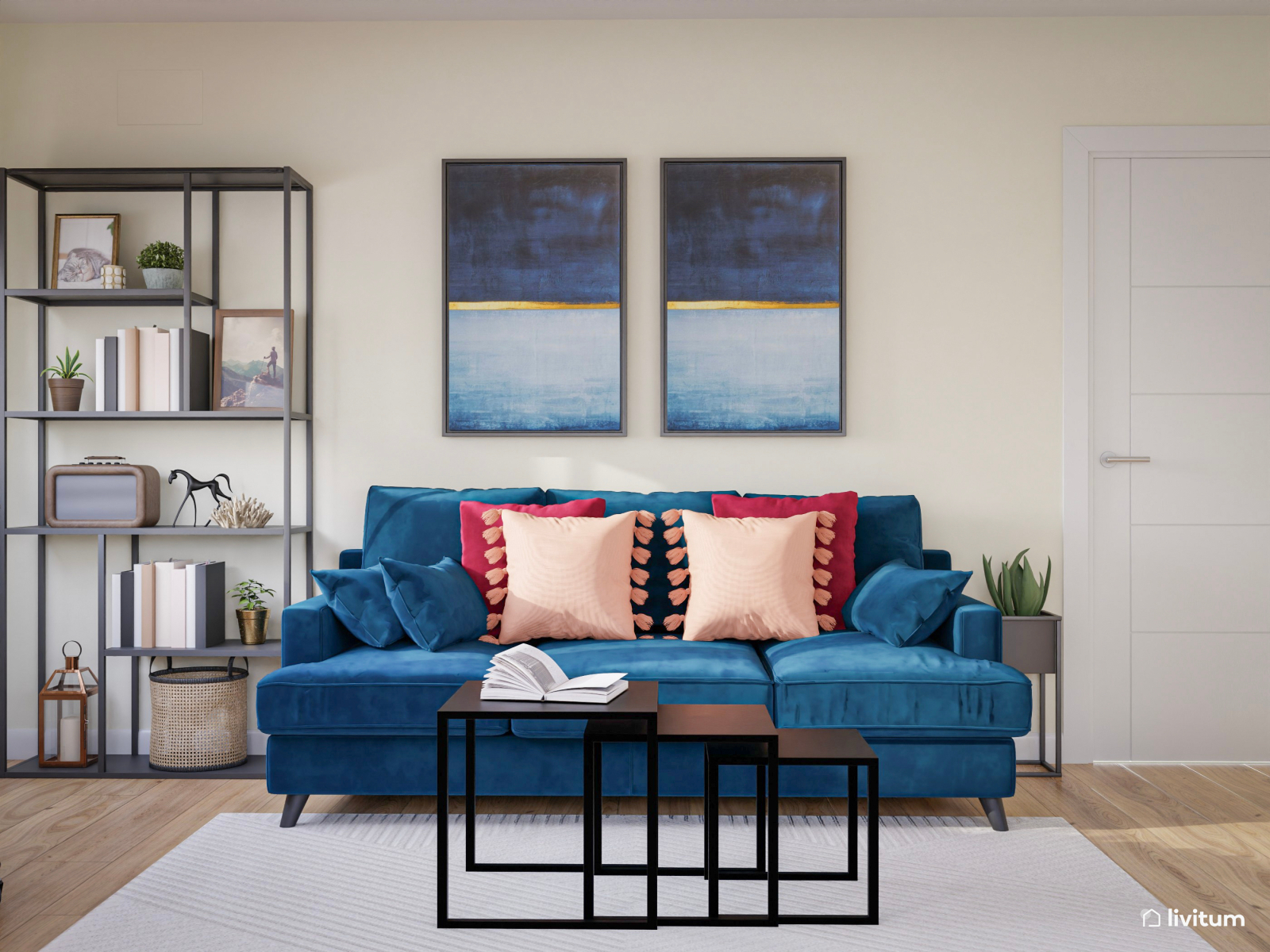 Salón comedor con sofá azul y sillas de colores