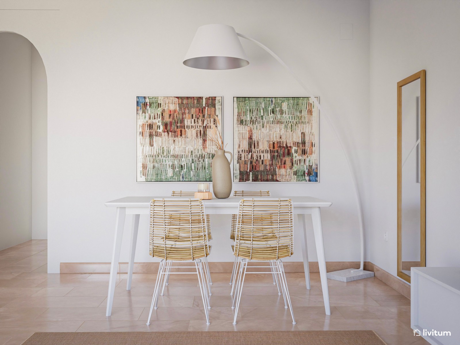 Salón comedor con sofá gris y muebles de ratán 