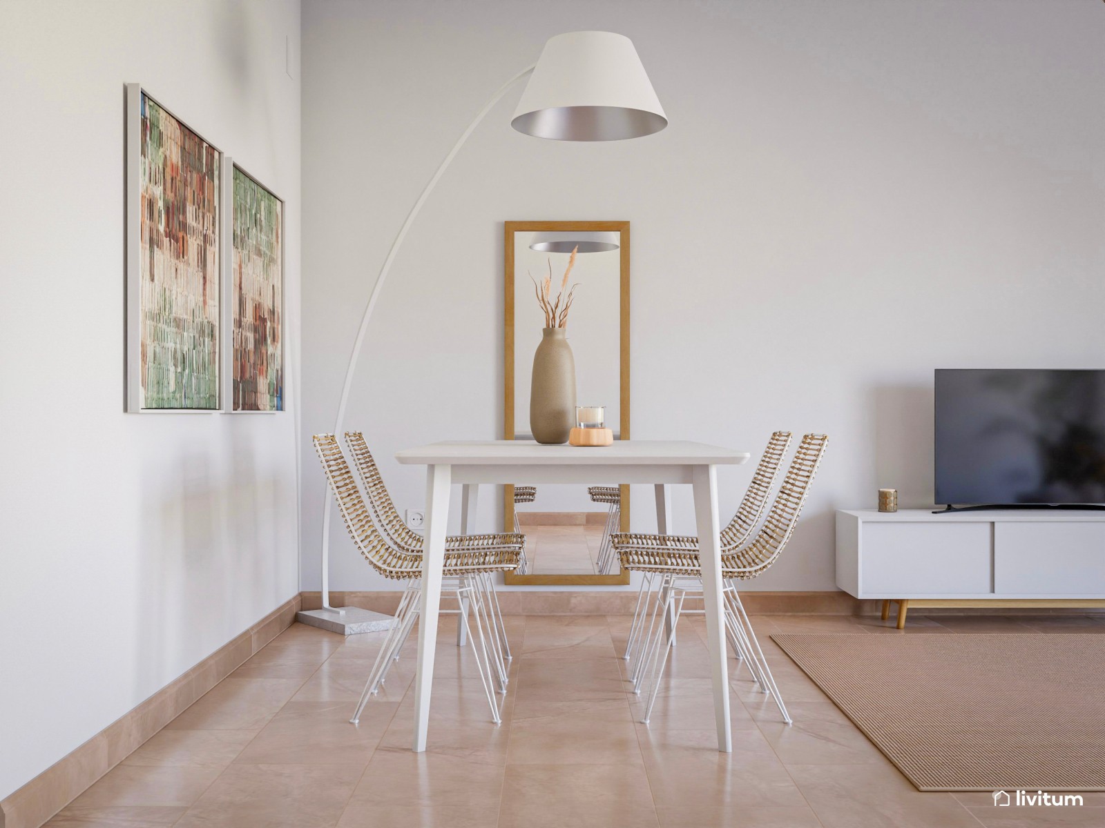 Salón comedor con sofá gris y muebles de ratán 