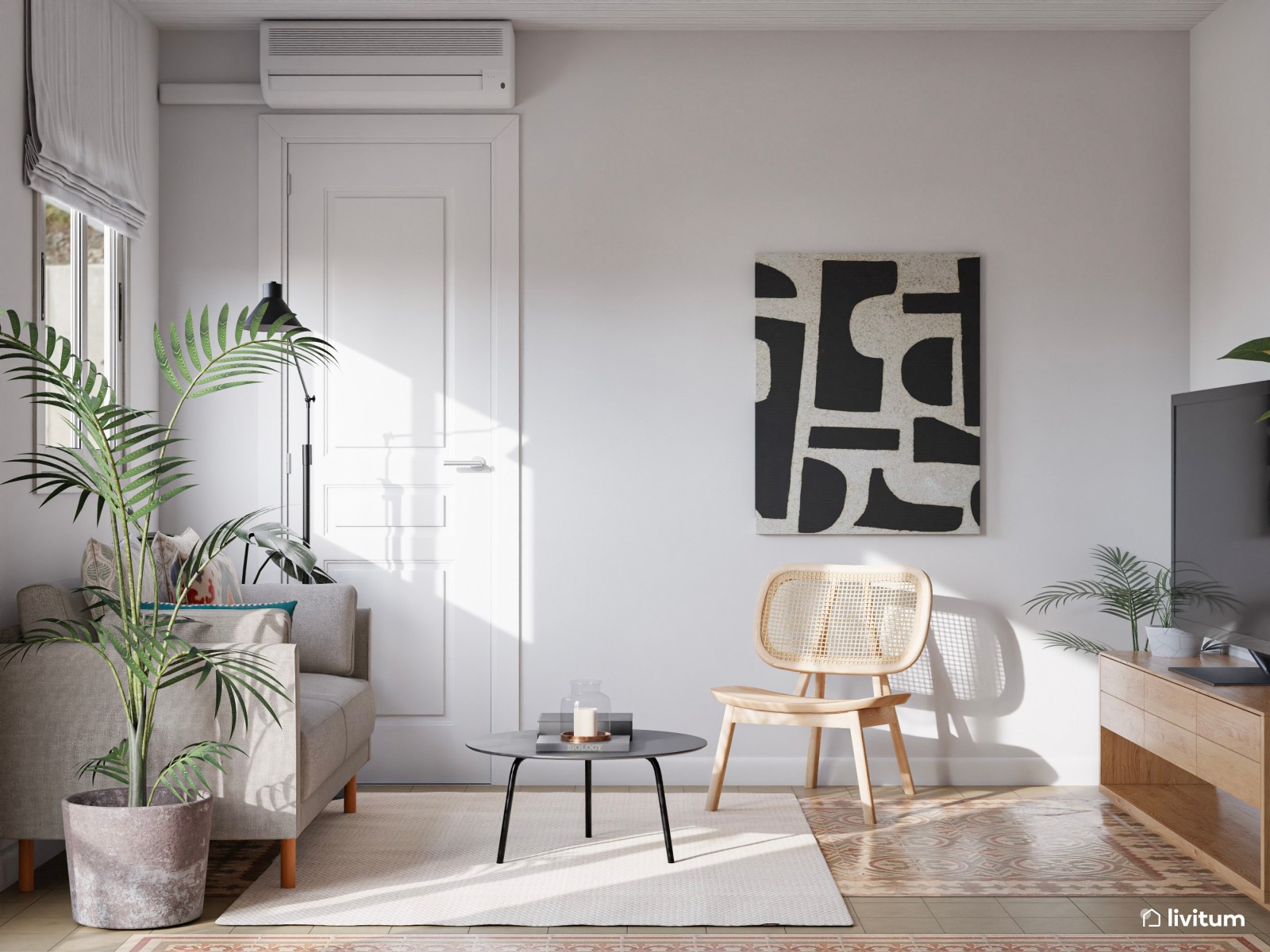 Salón comedor con suelo hidráulico y con extra de plantas 