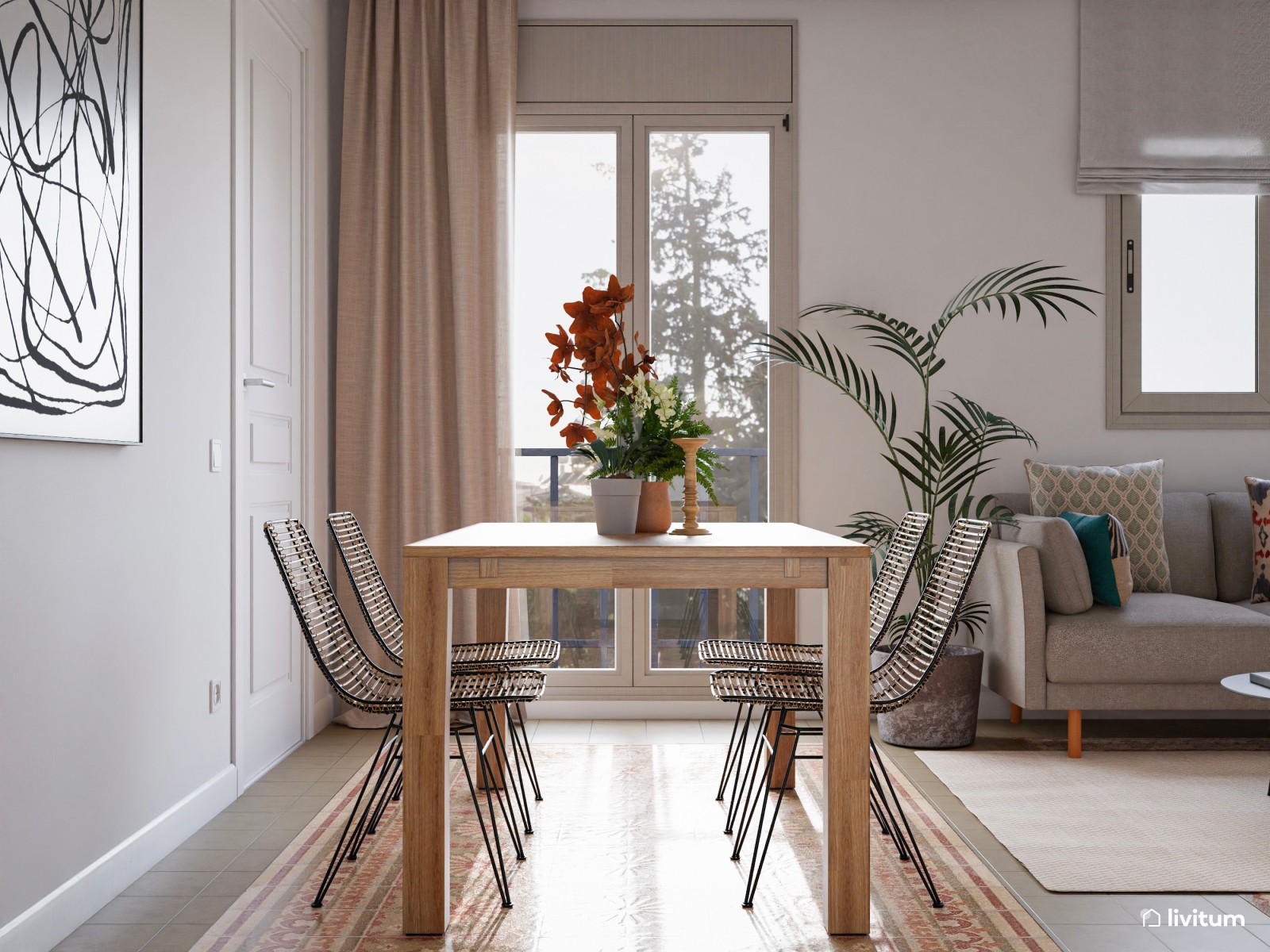 Salón comedor con suelo hidráulico y con extra de plantas 