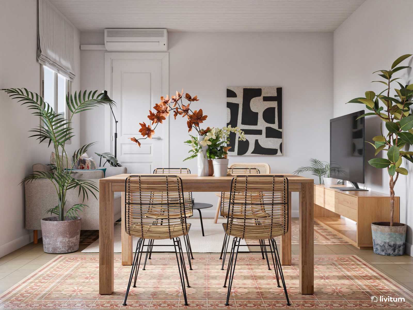 Salón comedor con suelo hidráulico y con extra de plantas 