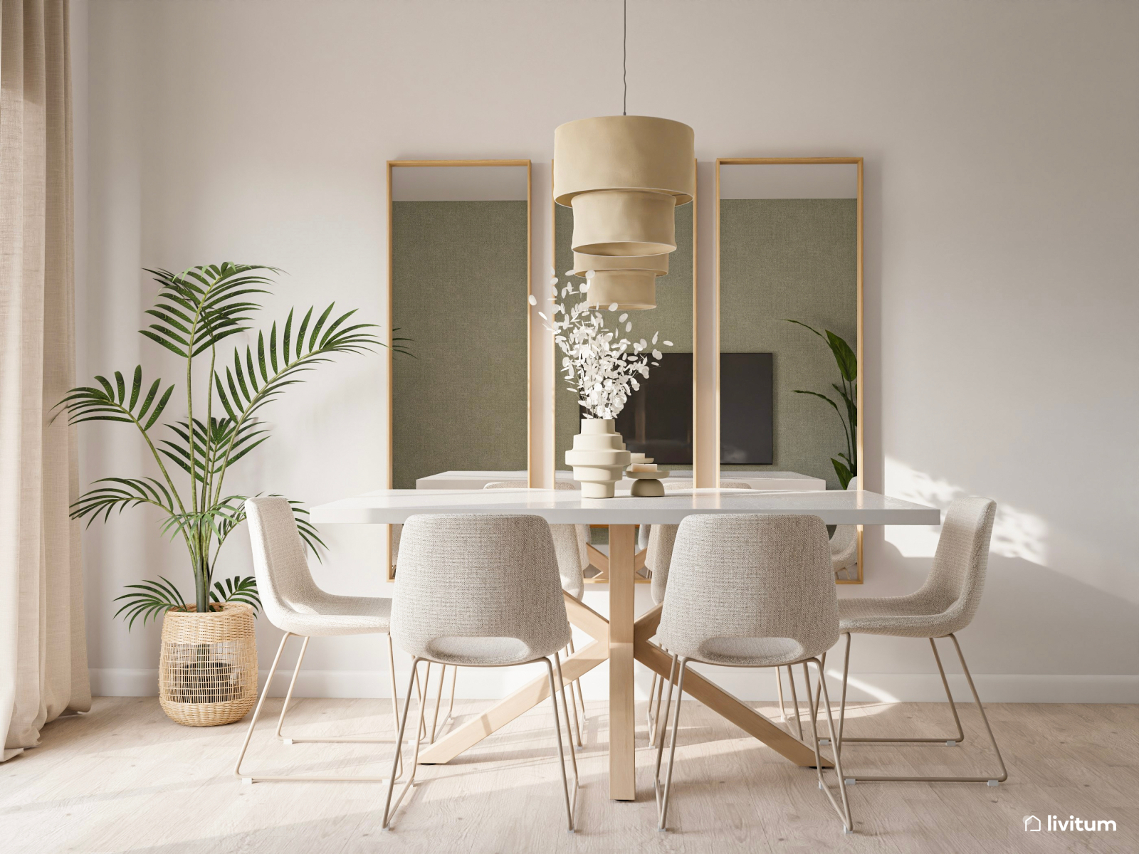 Salón comedor con texturas, tonos blancos y pared de acento