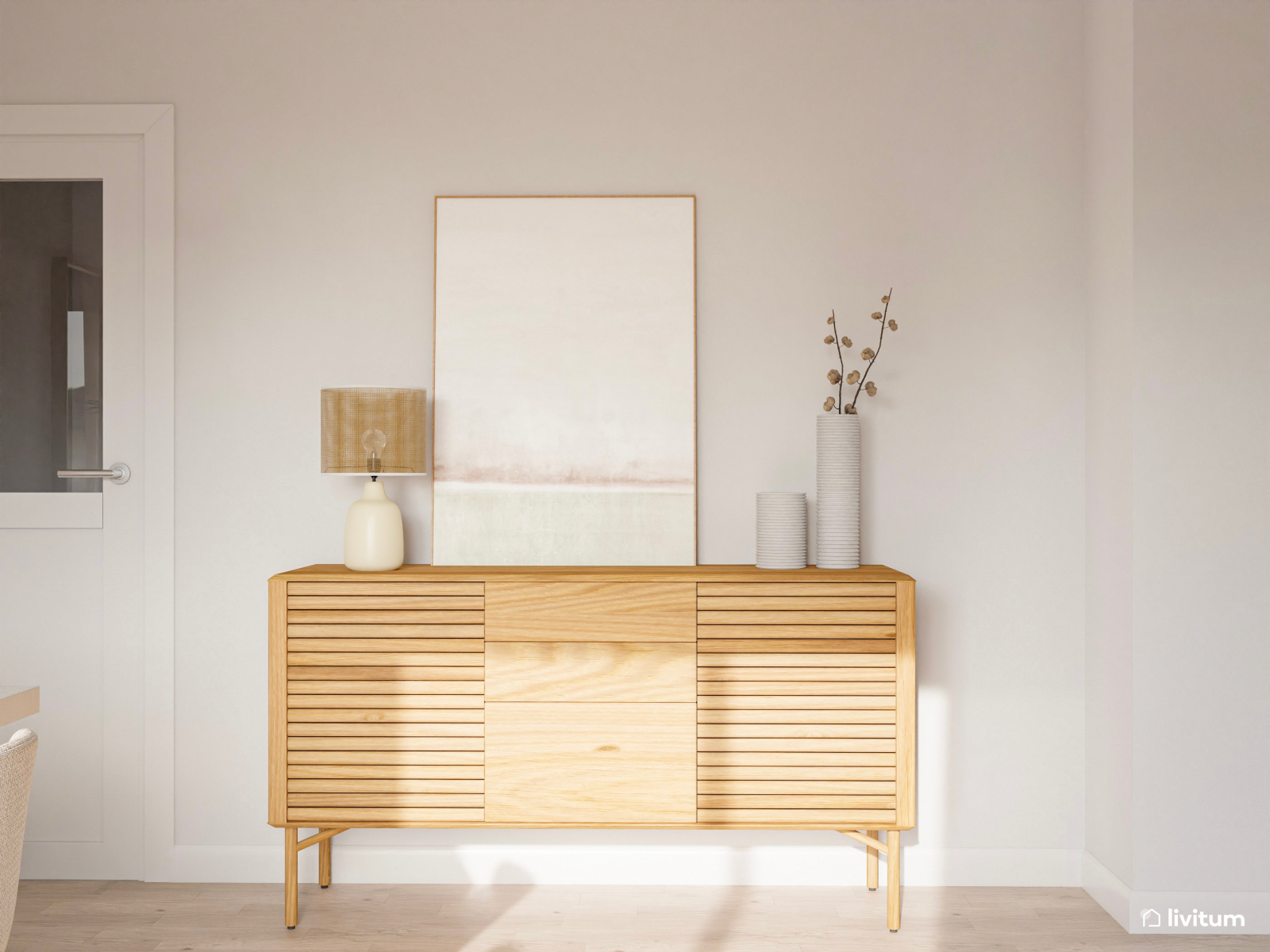 Salón comedor con texturas, tonos blancos y pared de acento