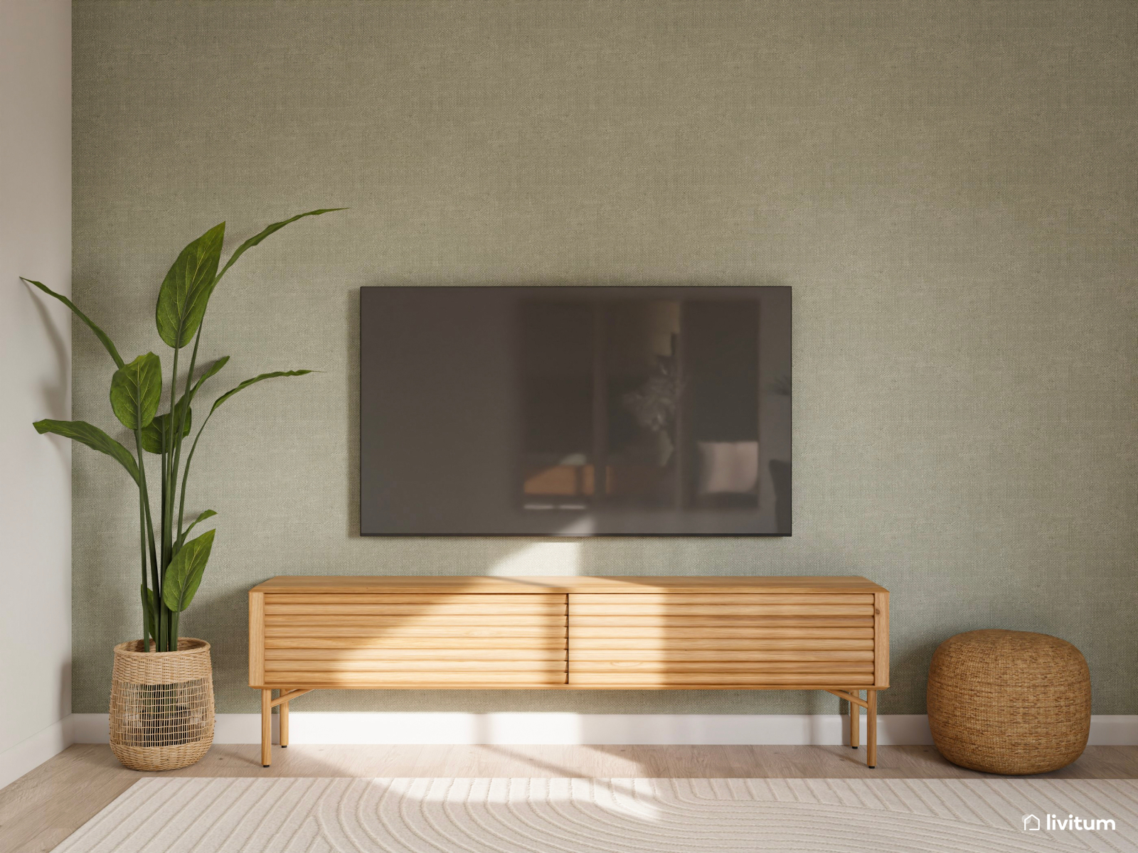 Salón comedor con texturas, tonos blancos y pared de acento