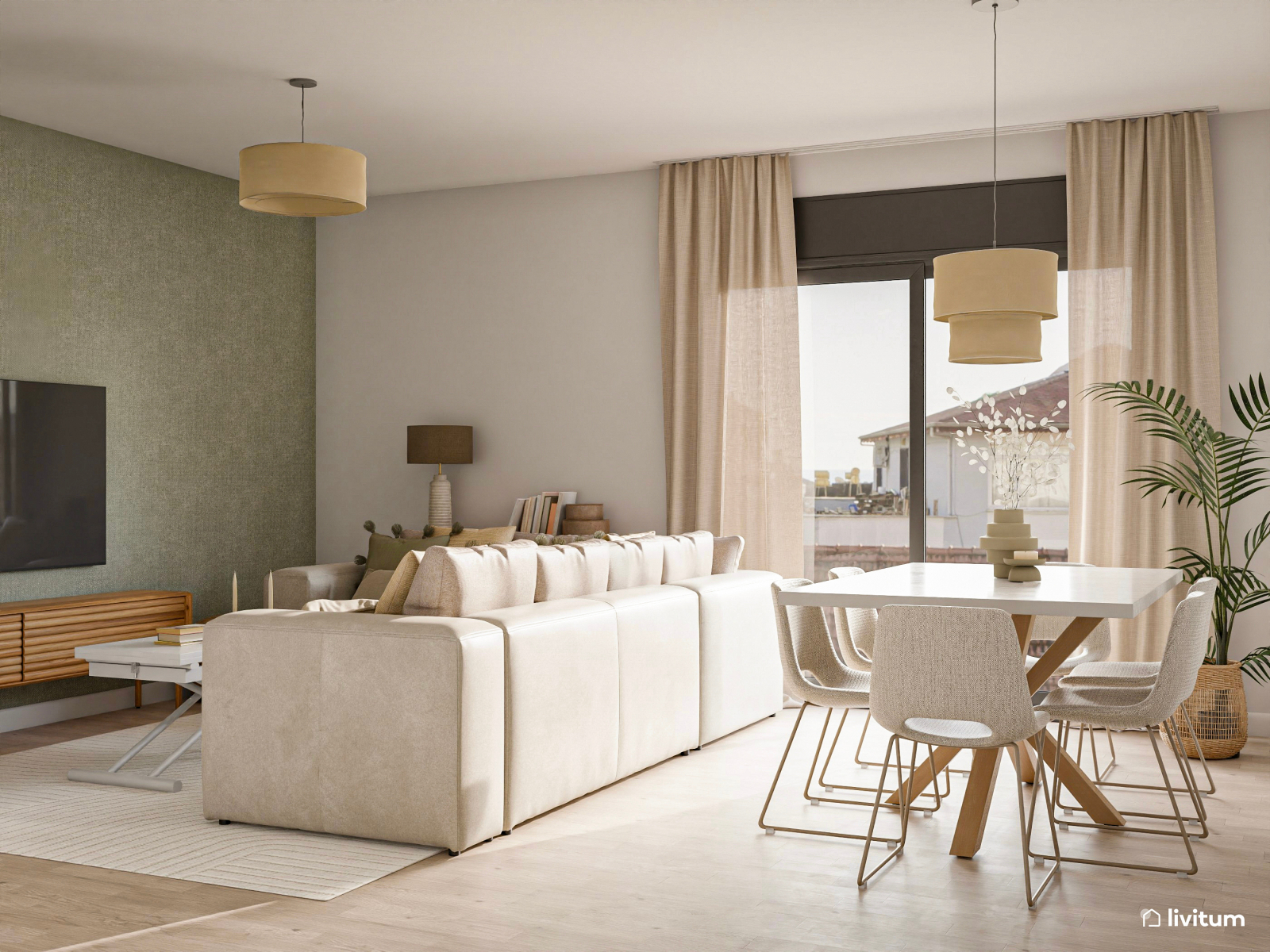 Salón comedor con texturas, tonos blancos y pared de acento