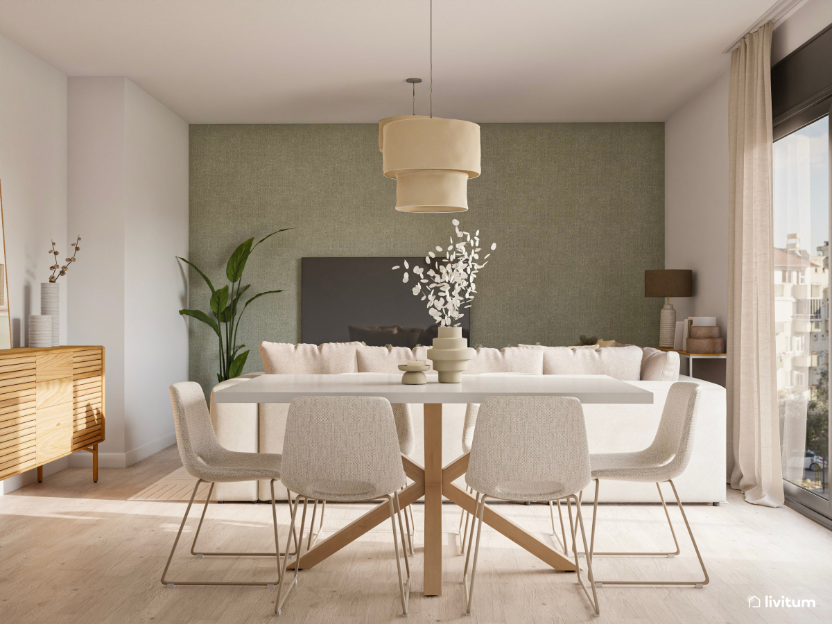 Salón comedor con texturas, tonos blancos y pared de acento