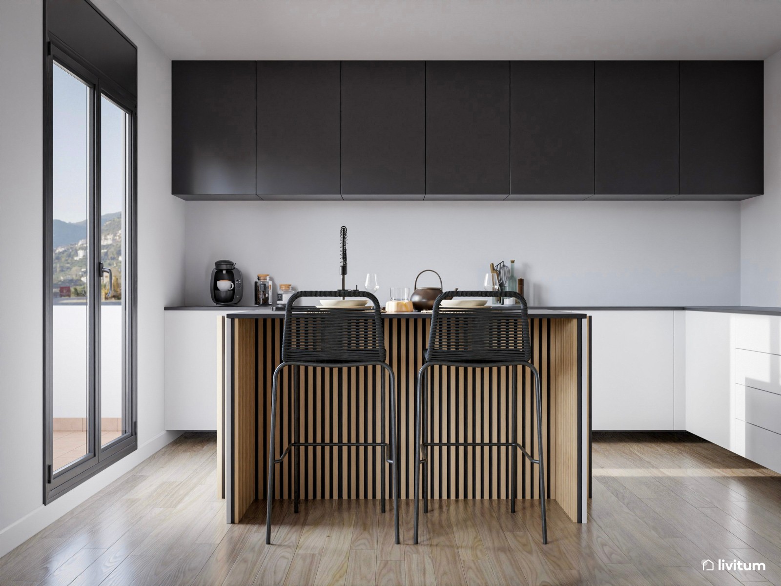 Salón comedor con una magnífica cocina con puerta de cristal 