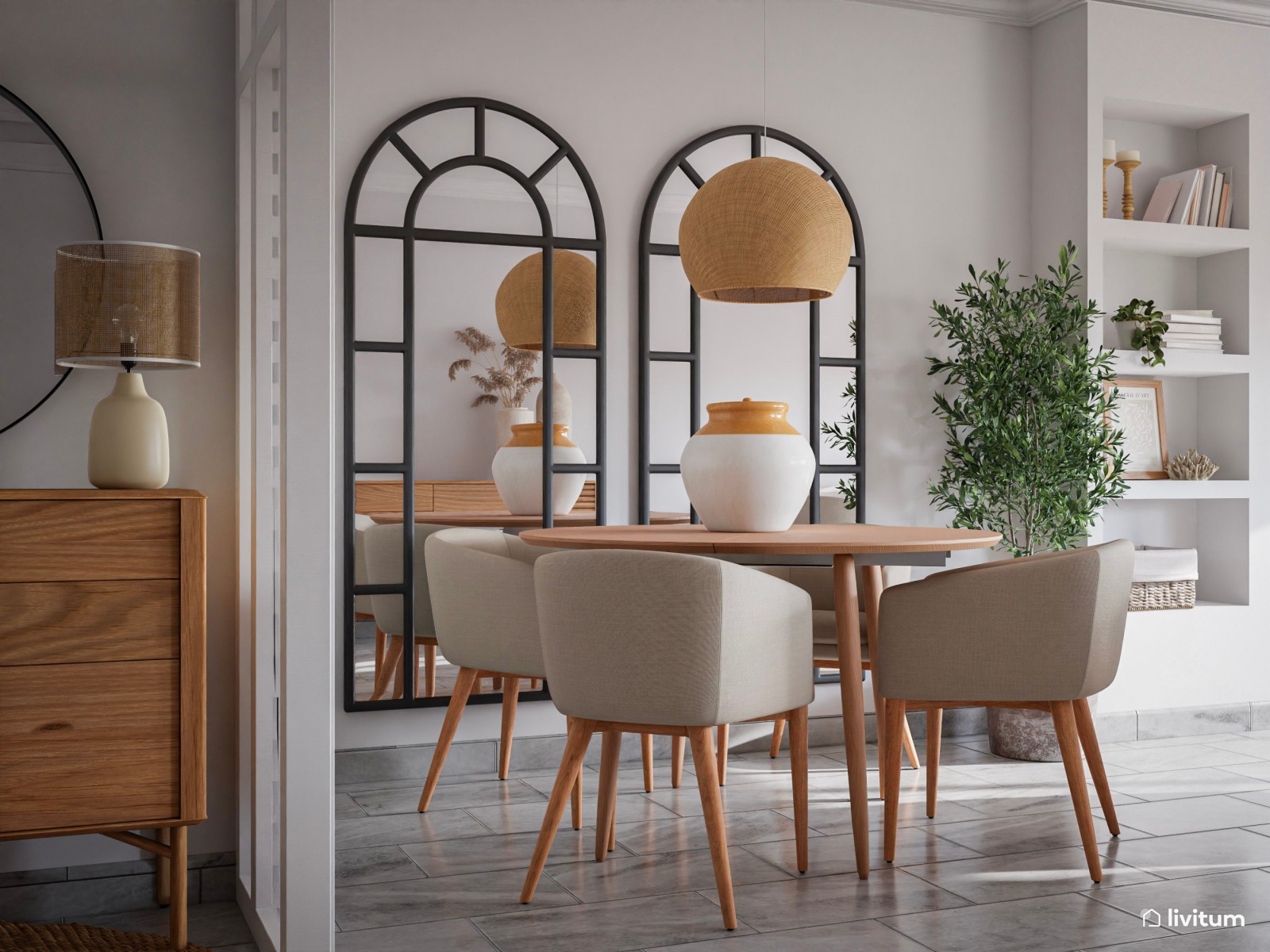 Salón comedor con una paleta de colores neutros