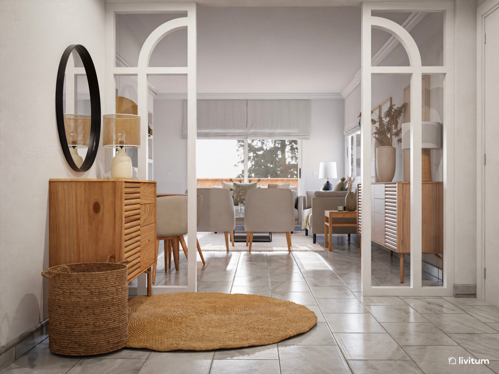 Salón comedor con una paleta de colores neutros