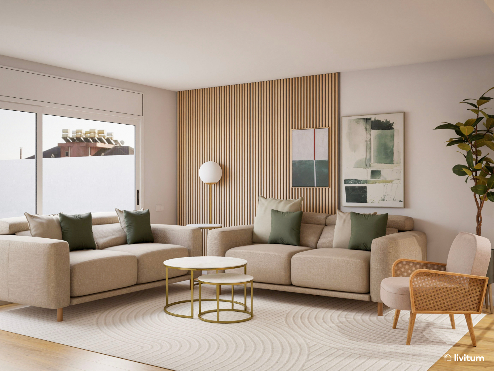 Salón comedor con zona de trabajo en beige y toques de verde 