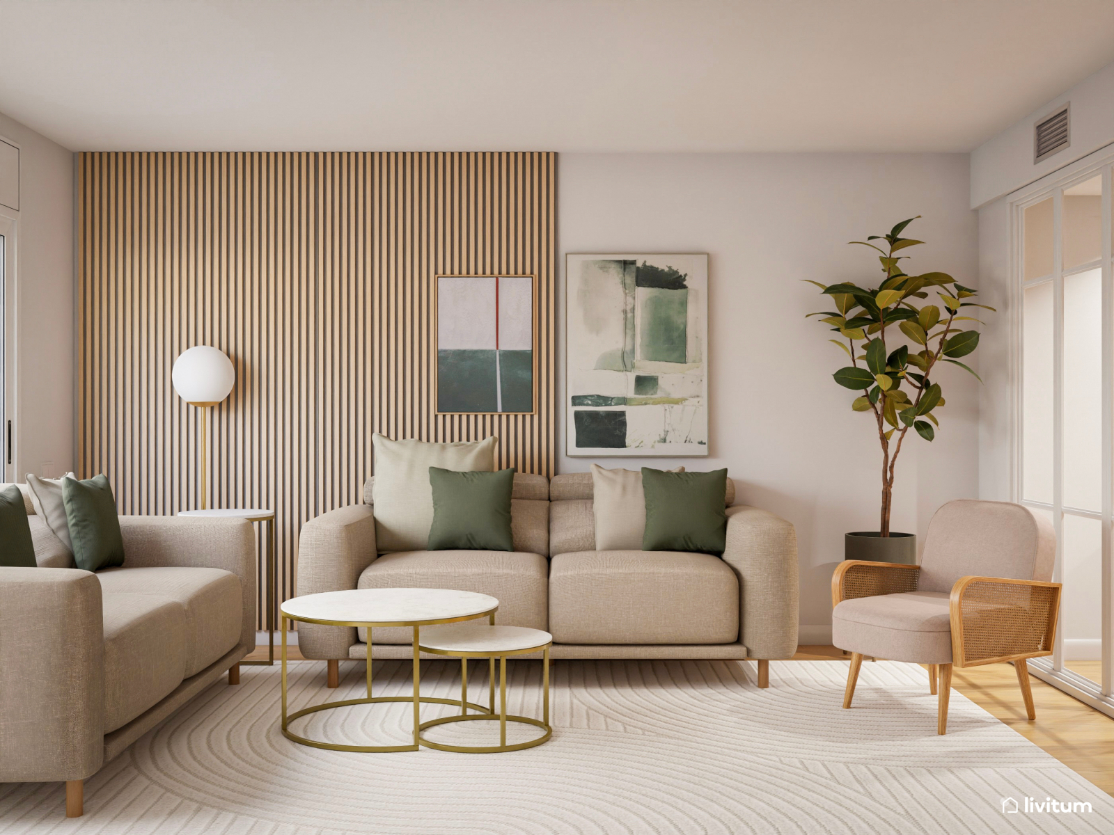 Salón comedor con zona de trabajo en beige y toques de verde 