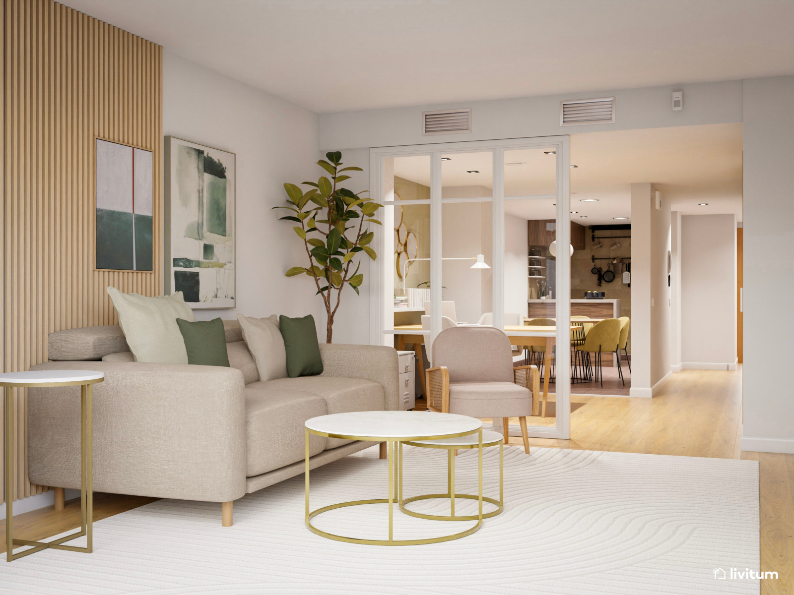 Salón comedor con zona de trabajo en beige y toques de verde 