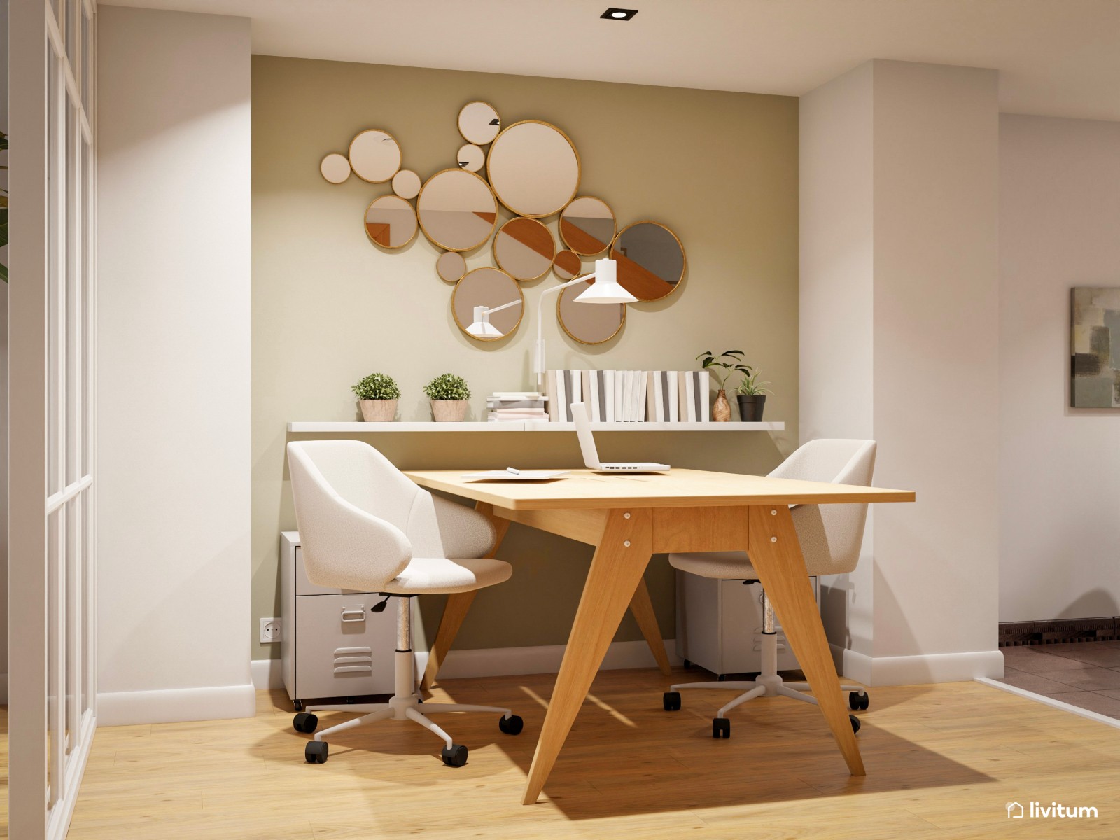 Salón comedor con zona de trabajo en beige y toques de verde 