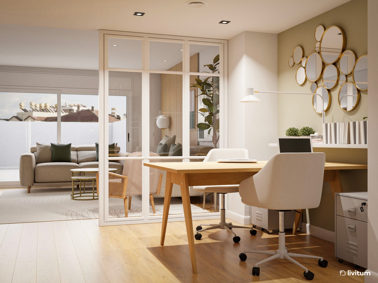 Salón comedor con zona de trabajo en beige y toques de verde 