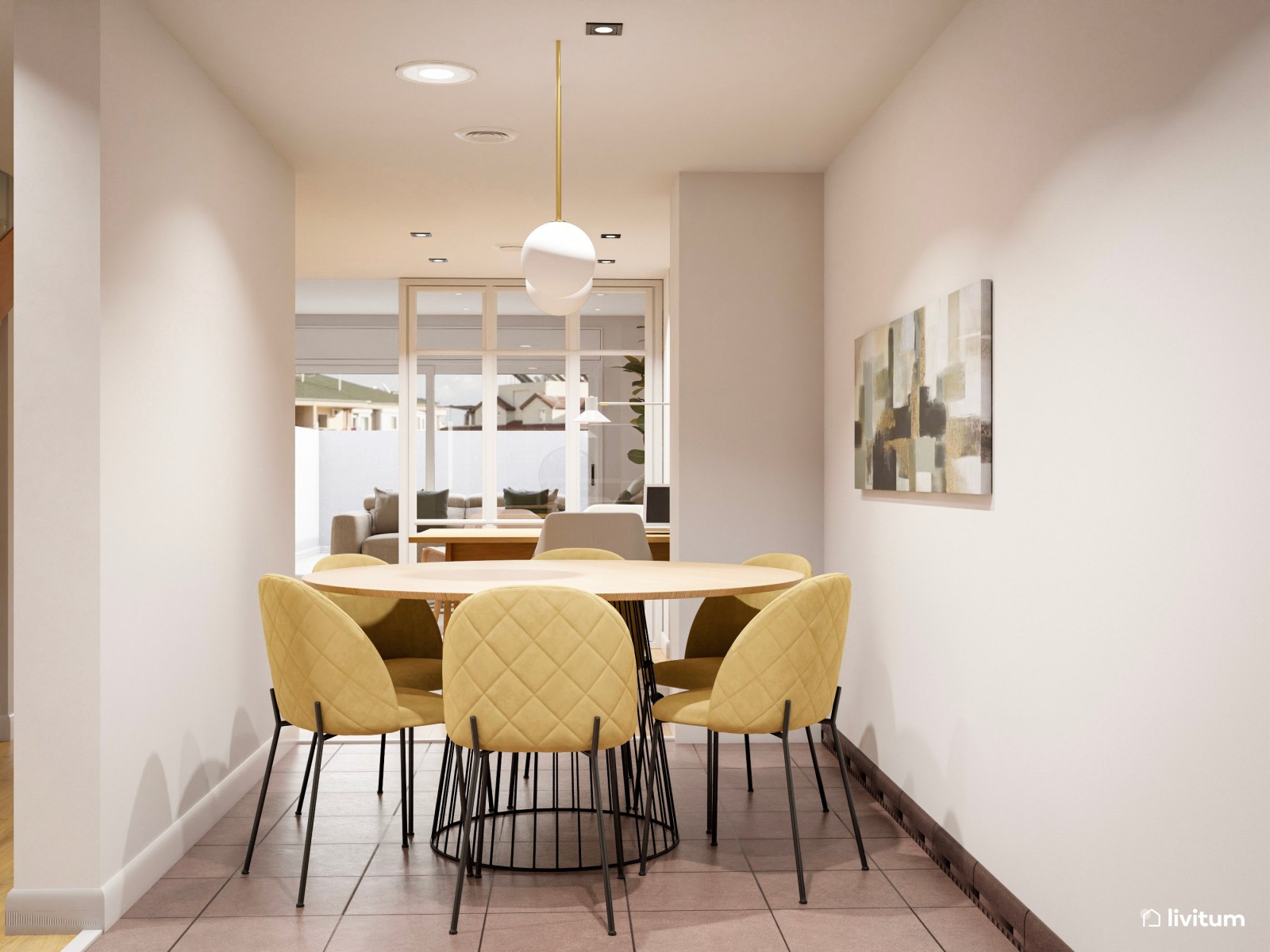 Salón comedor con zona de trabajo en beige y toques de verde 