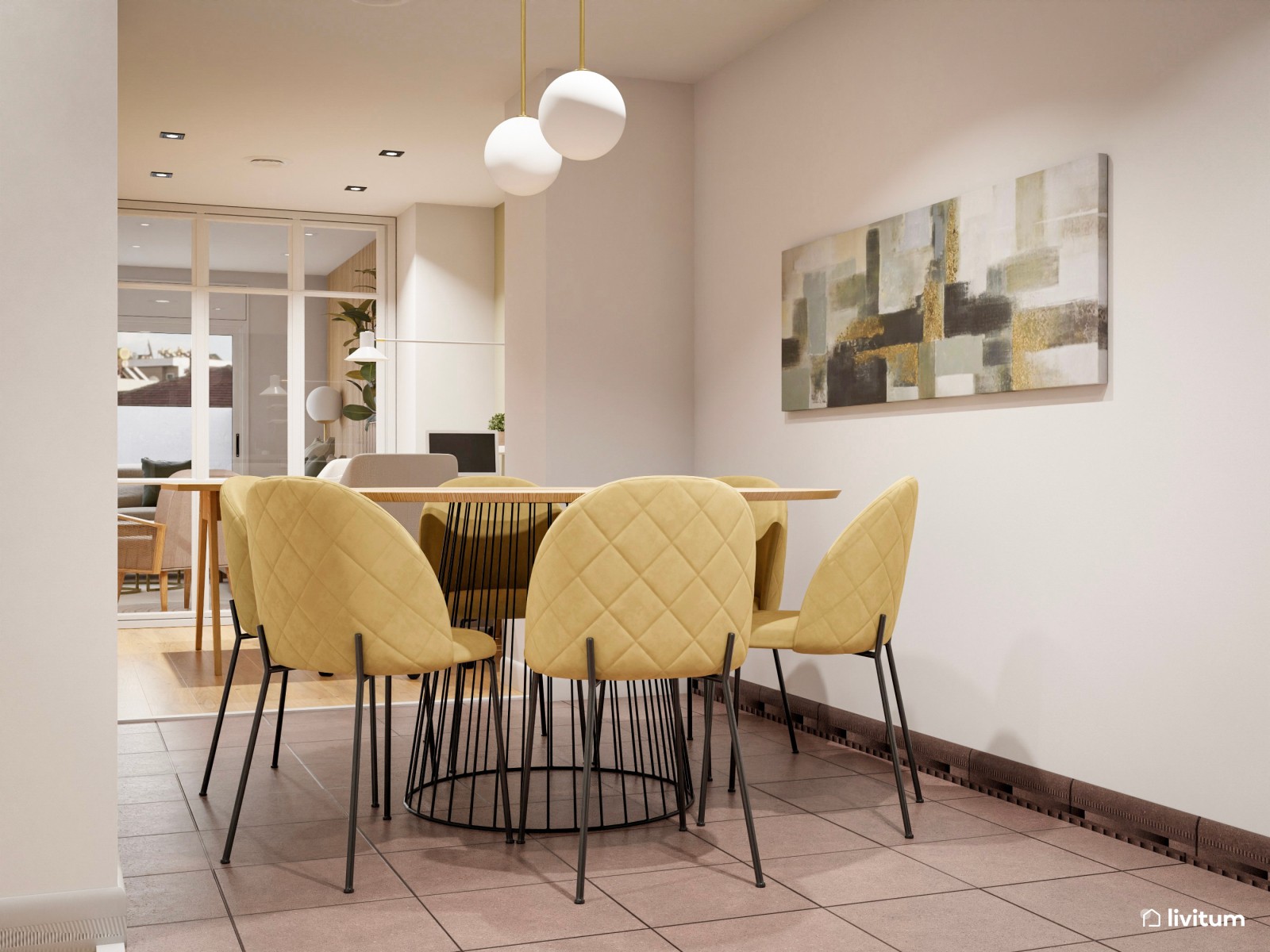 Salón comedor con zona de trabajo en beige y toques de verde 