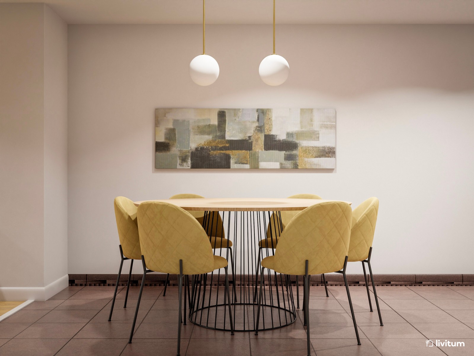 Salón comedor con zona de trabajo en beige y toques de verde 