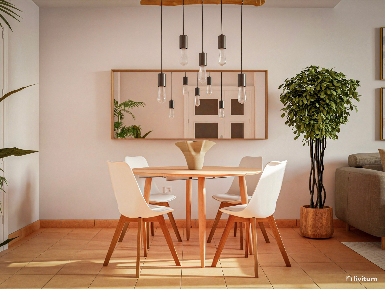 Salón comedor de estilo escandinavo, cálido y acogedor