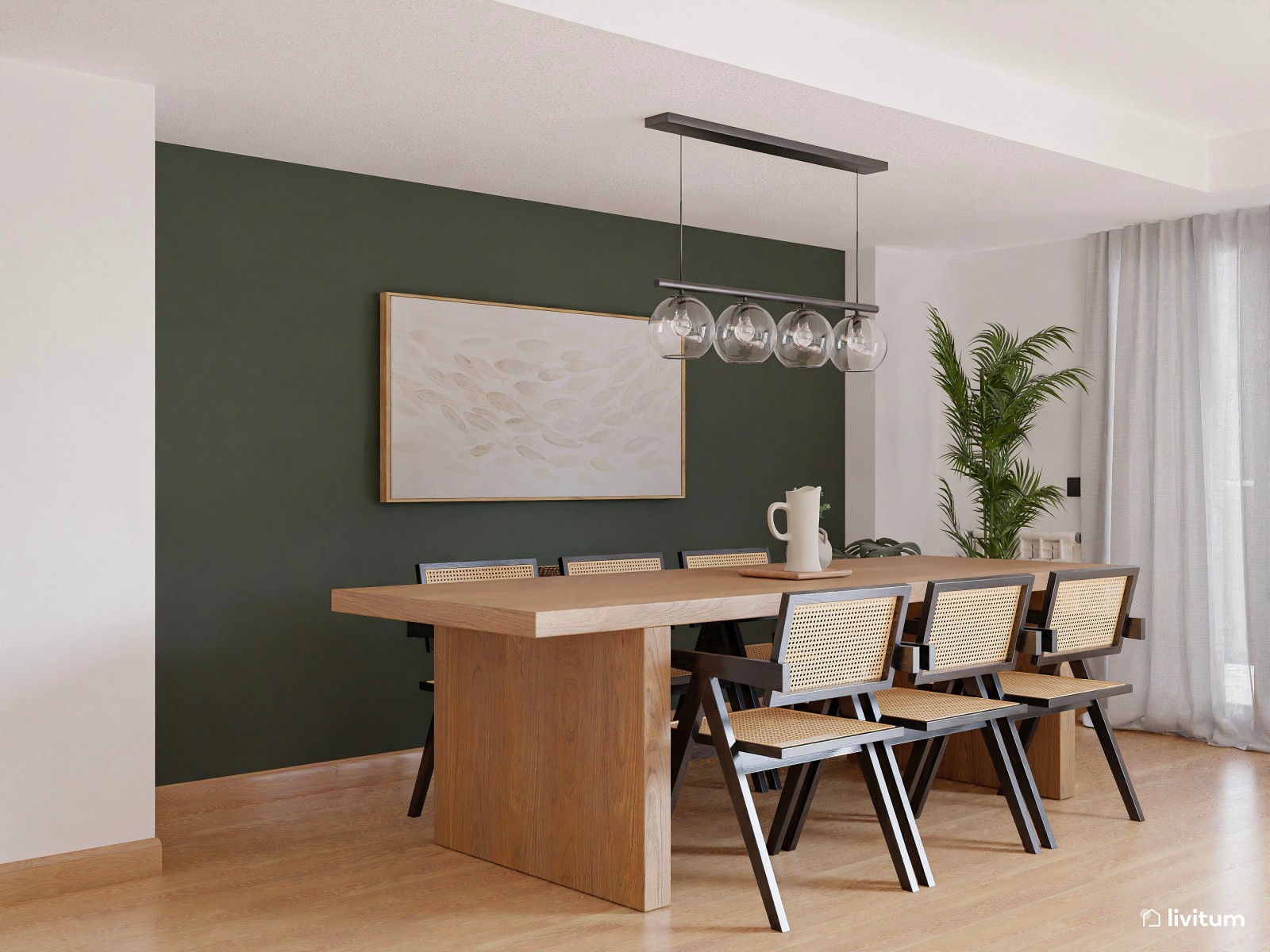 Salón comedor de estilo moderno en madera y verde 