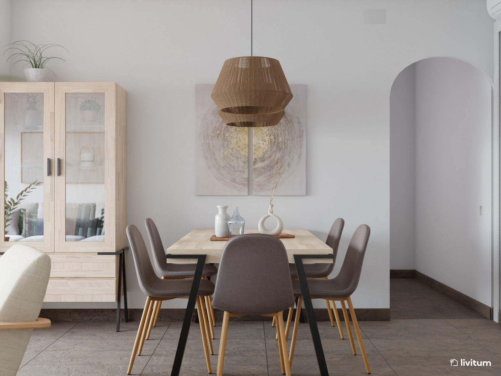 Salón comedor de estilo rústico en tonos neutros 