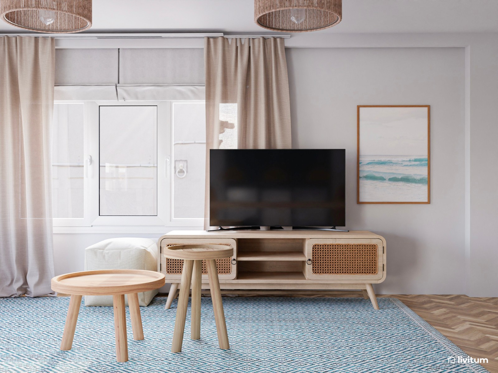 Salón comedor de inspiración surfera en azul y madera 