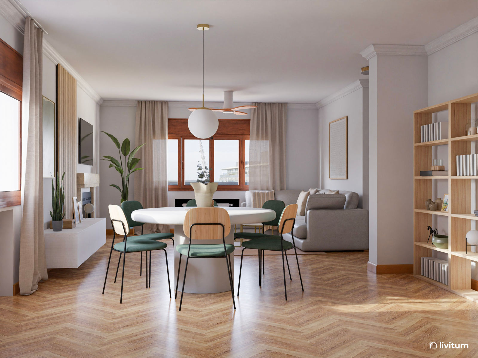 Salón comedor elegante con chimenea y acentos verdes