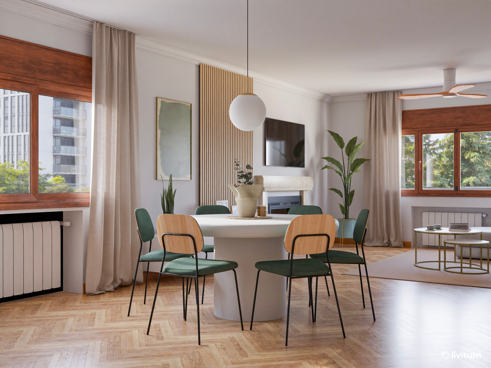 Salón comedor elegante con chimenea y acentos verdes