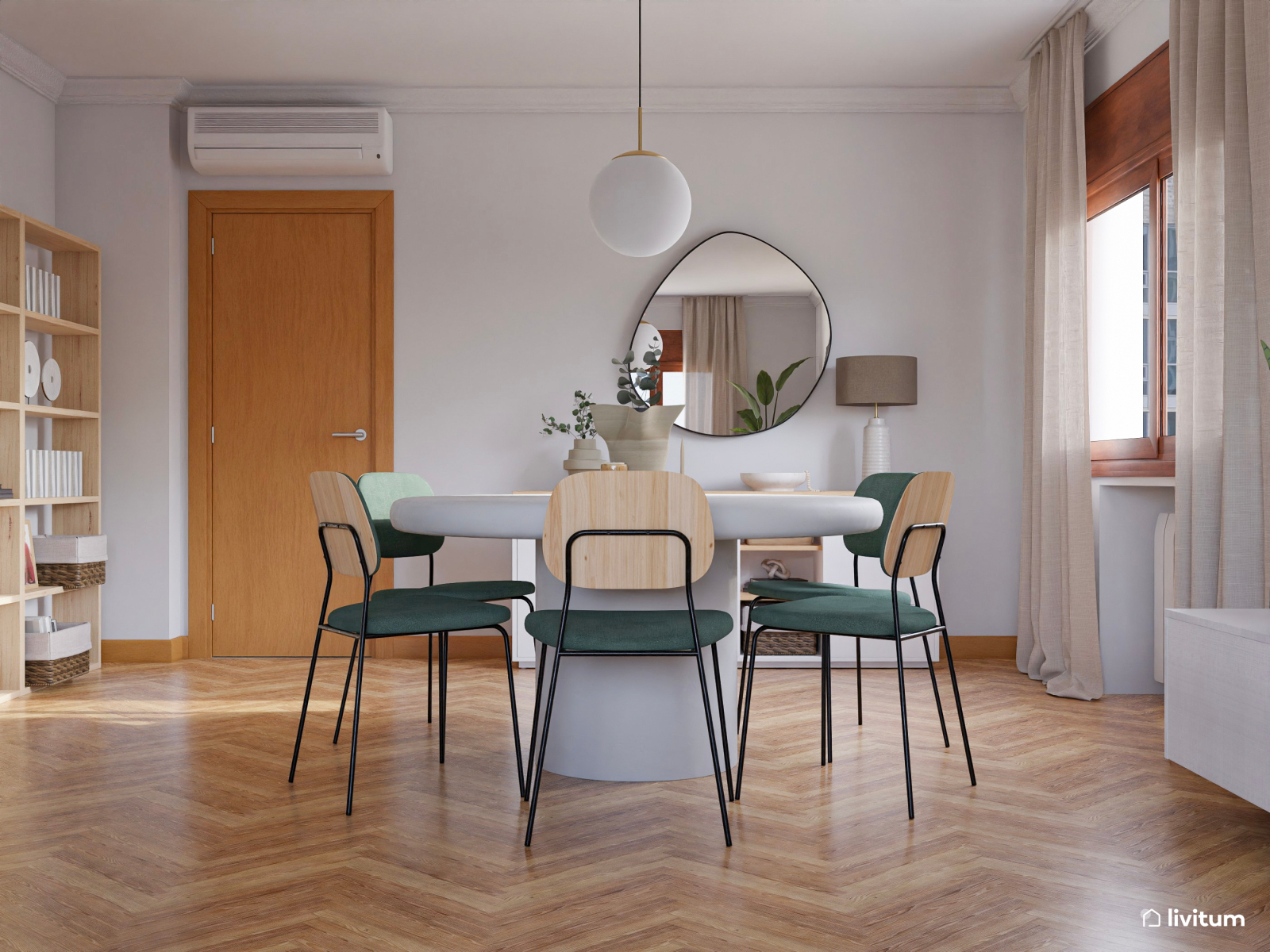 Salón comedor elegante con chimenea y acentos verdes