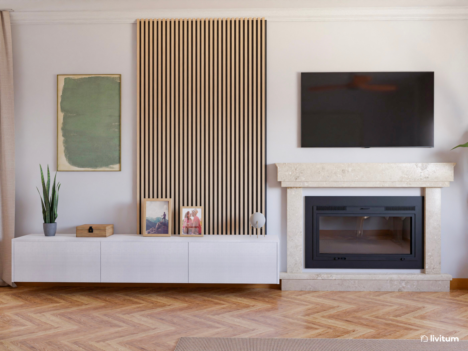 Salón comedor elegante con chimenea y acentos verdes