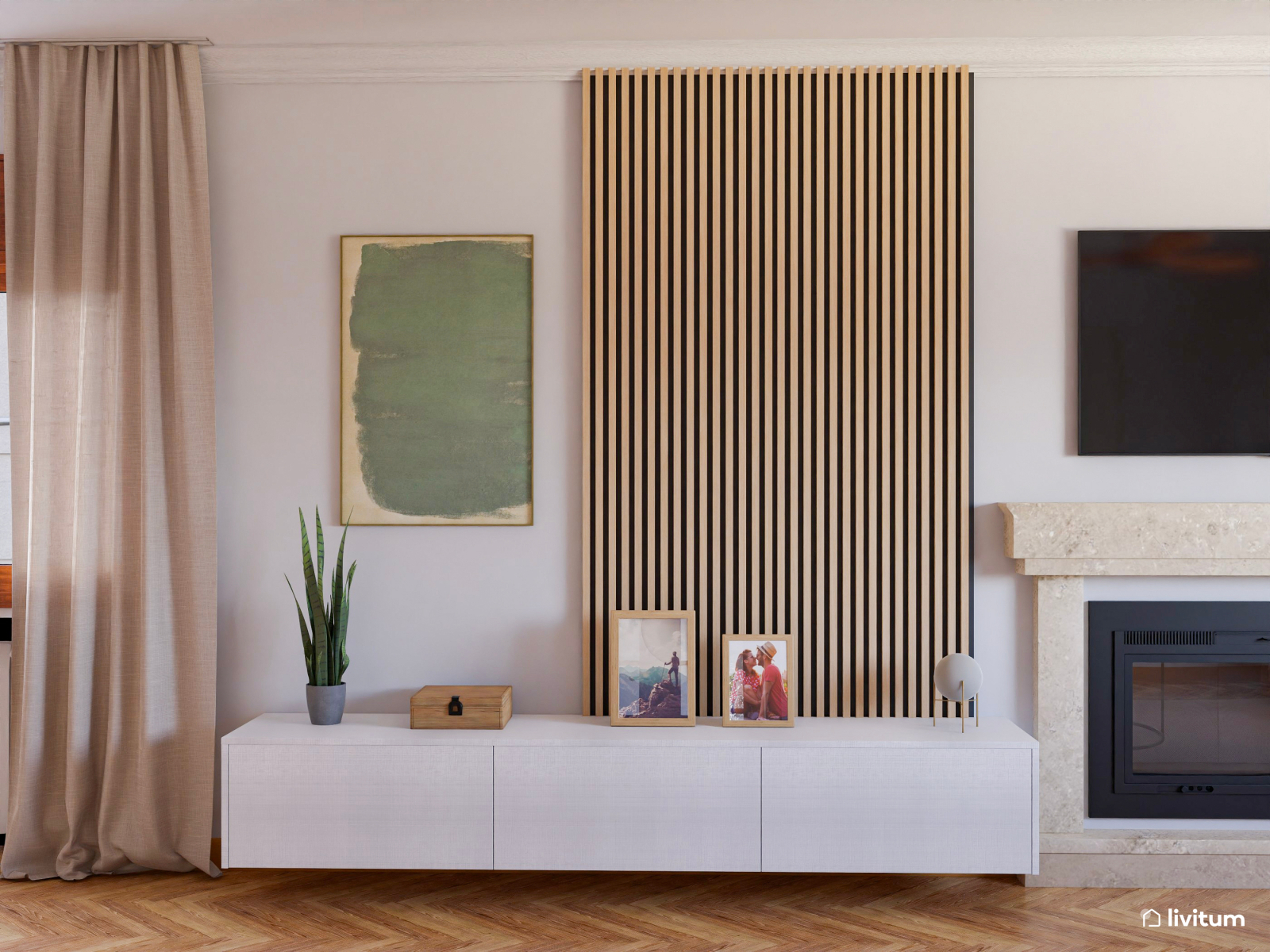 Salón comedor elegante con chimenea y acentos verdes