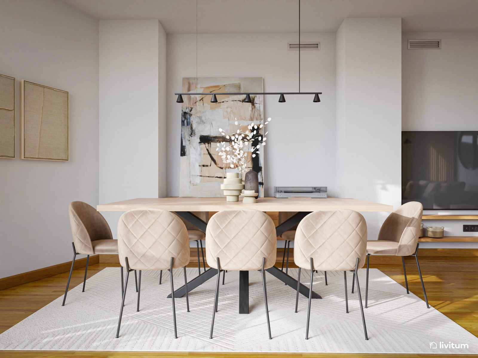 Salón comedor elegante con detalles orgánicos 