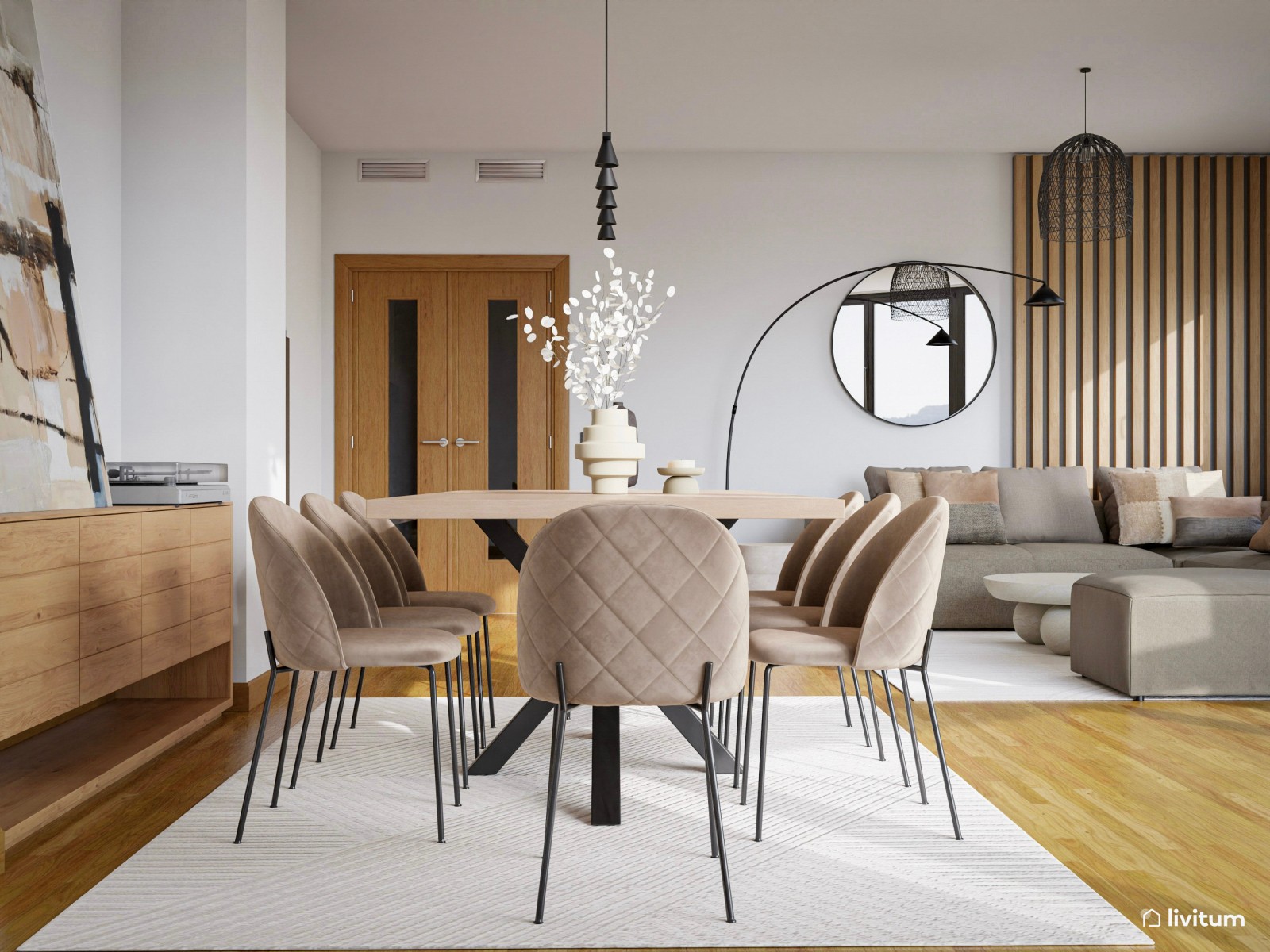 Salón comedor elegante con detalles orgánicos 