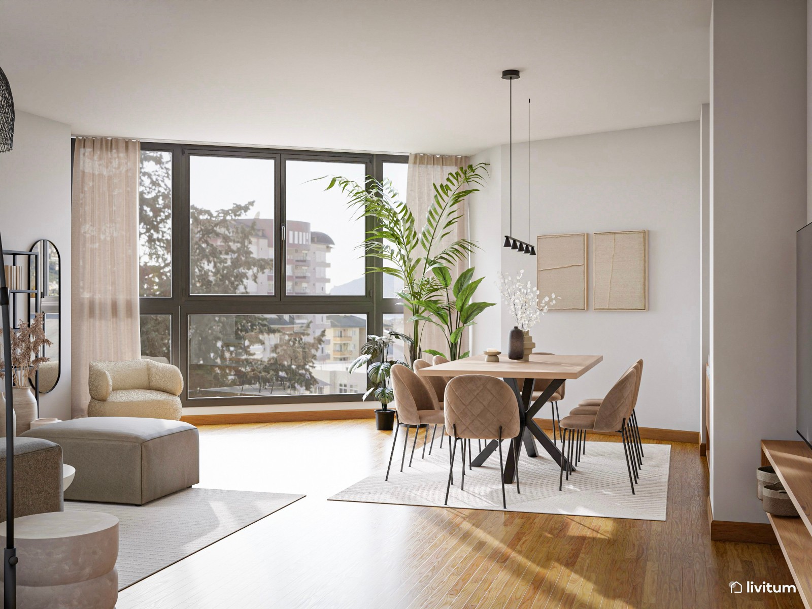 Salón comedor elegante con detalles orgánicos 