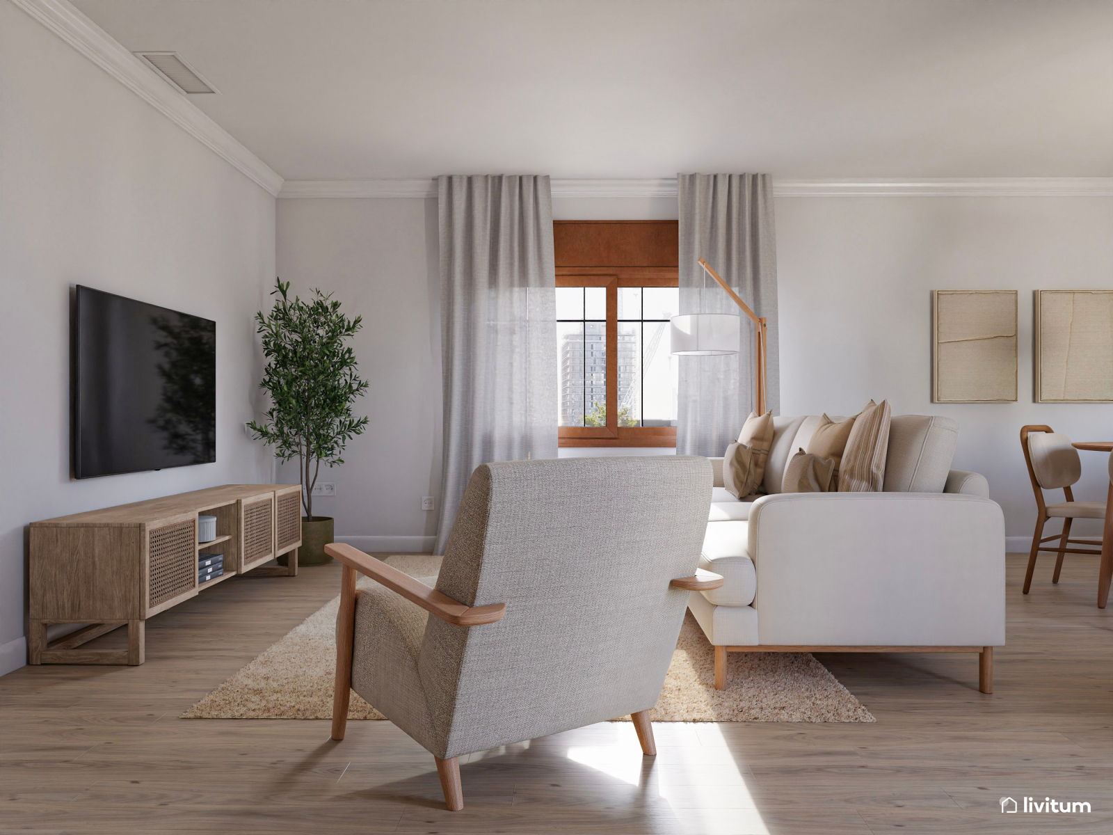 Salón comedor elegante en madera y tonos claros