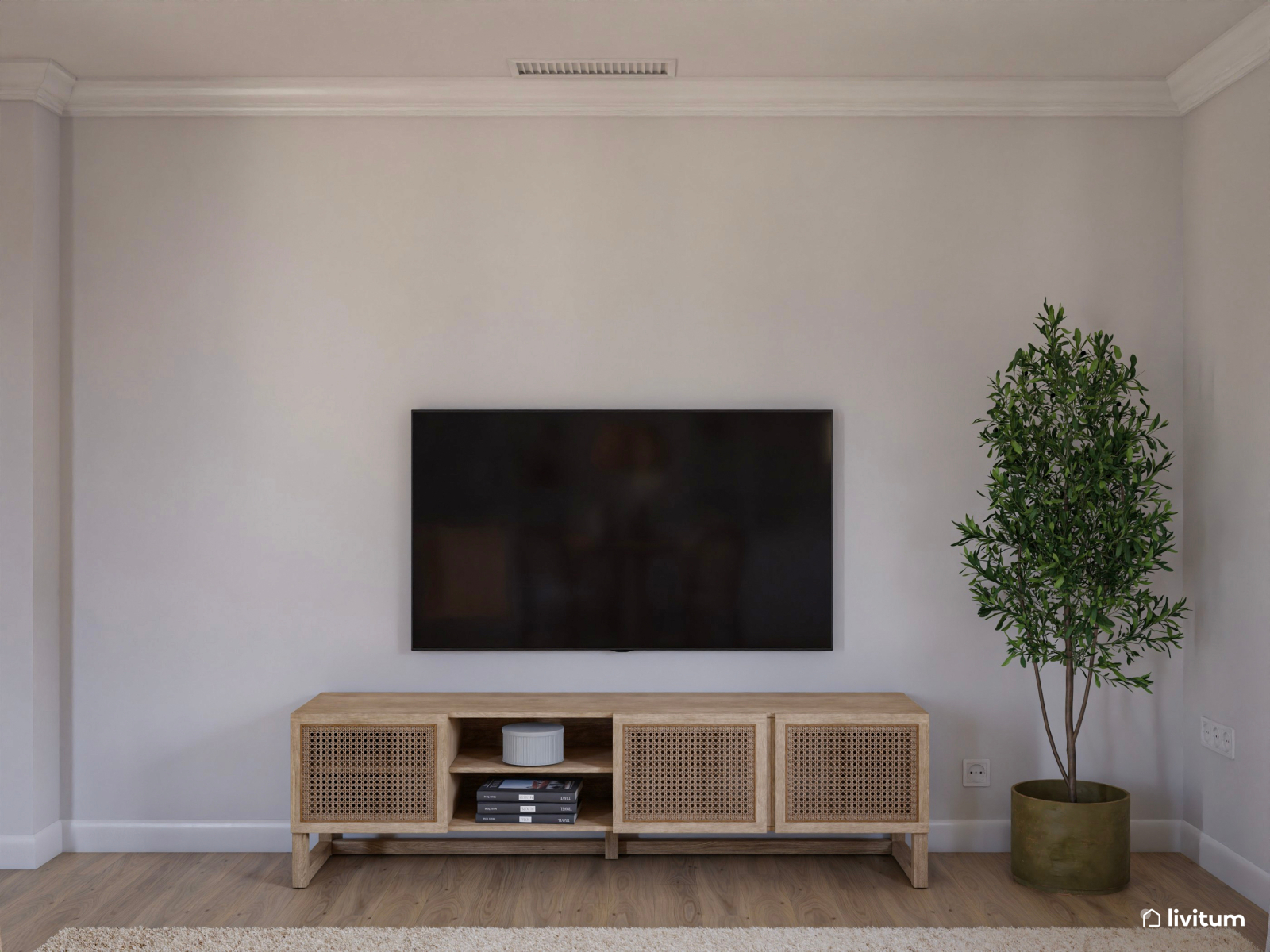 Salón comedor elegante en madera y tonos claros