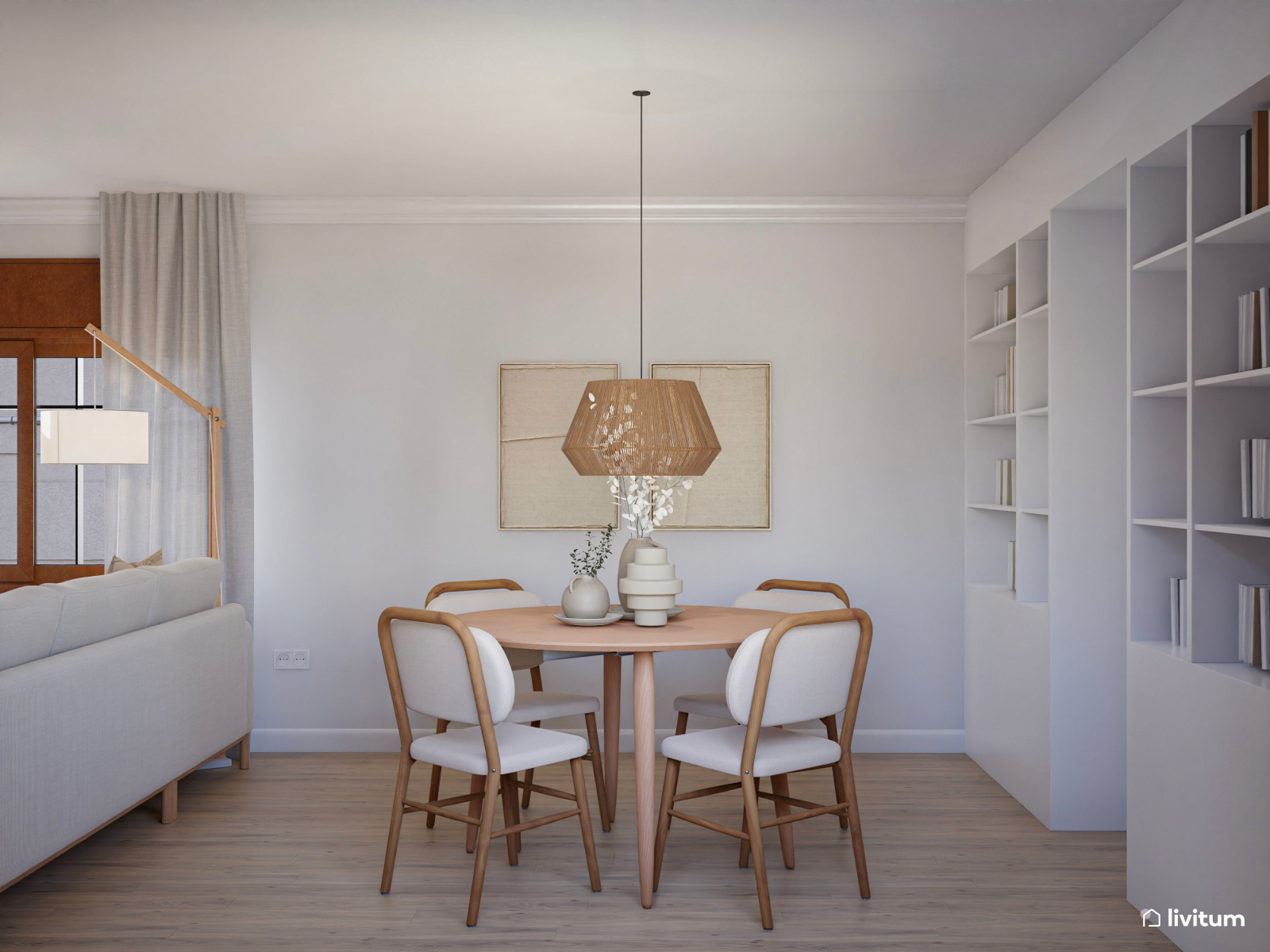 Salón comedor elegante en madera y tonos claros