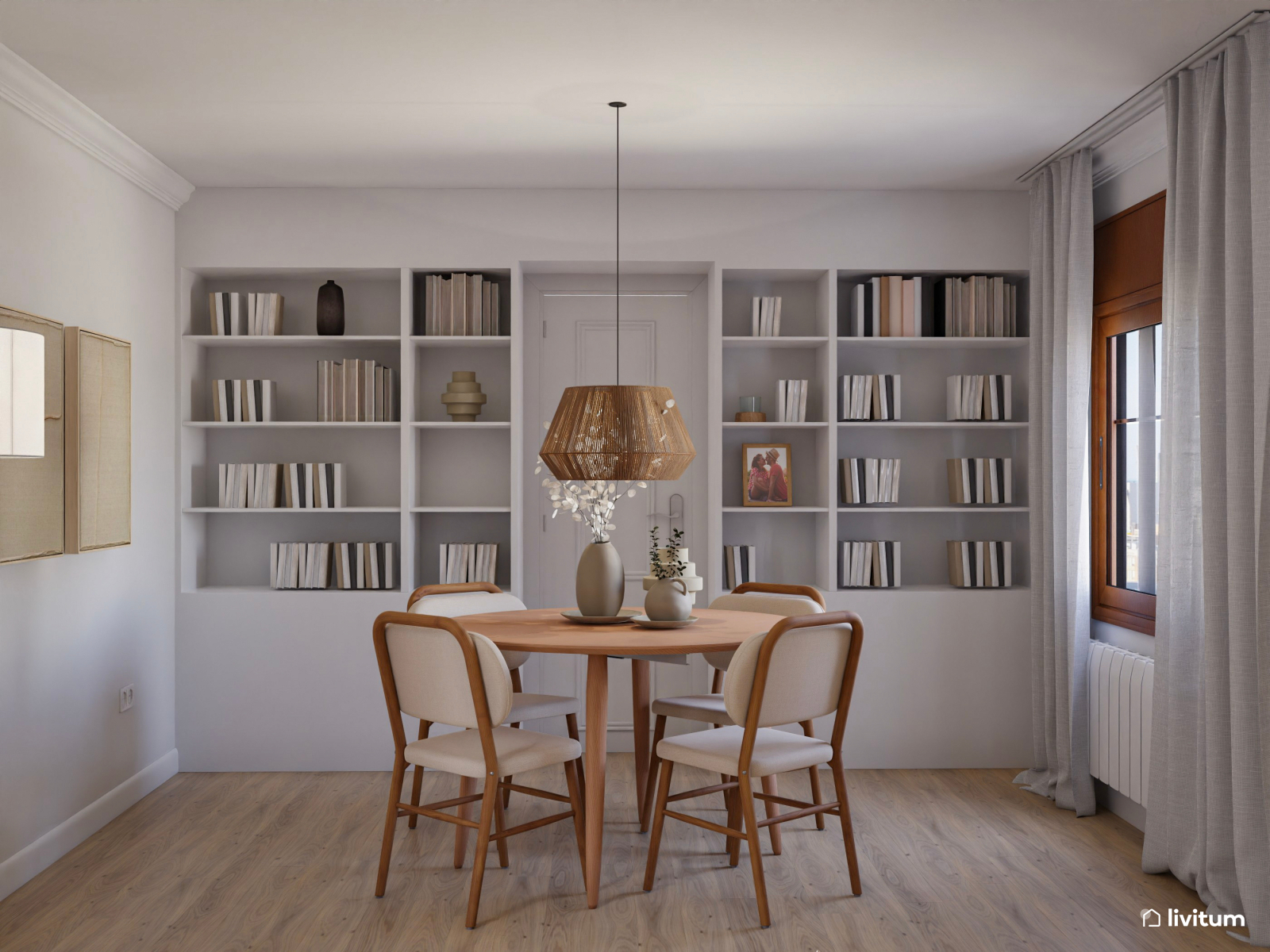 Salón comedor elegante en madera y tonos claros