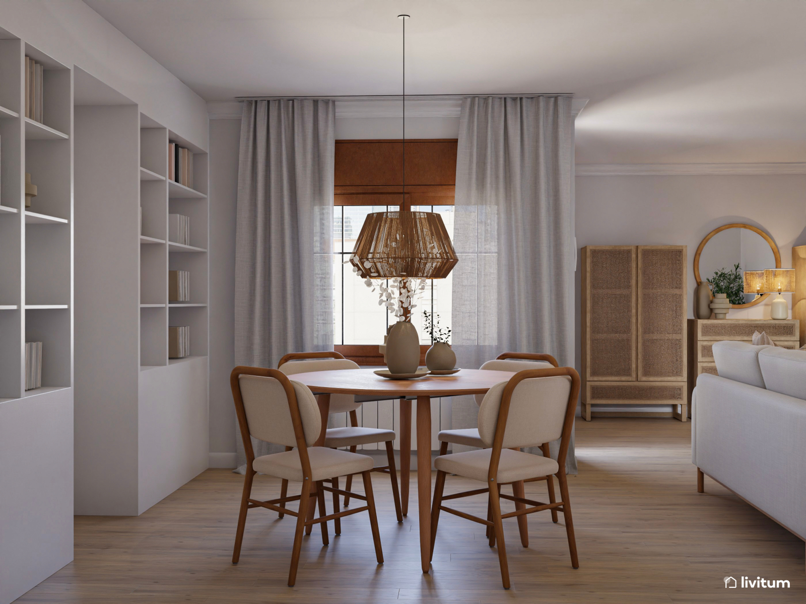 Salón comedor elegante en madera y tonos claros