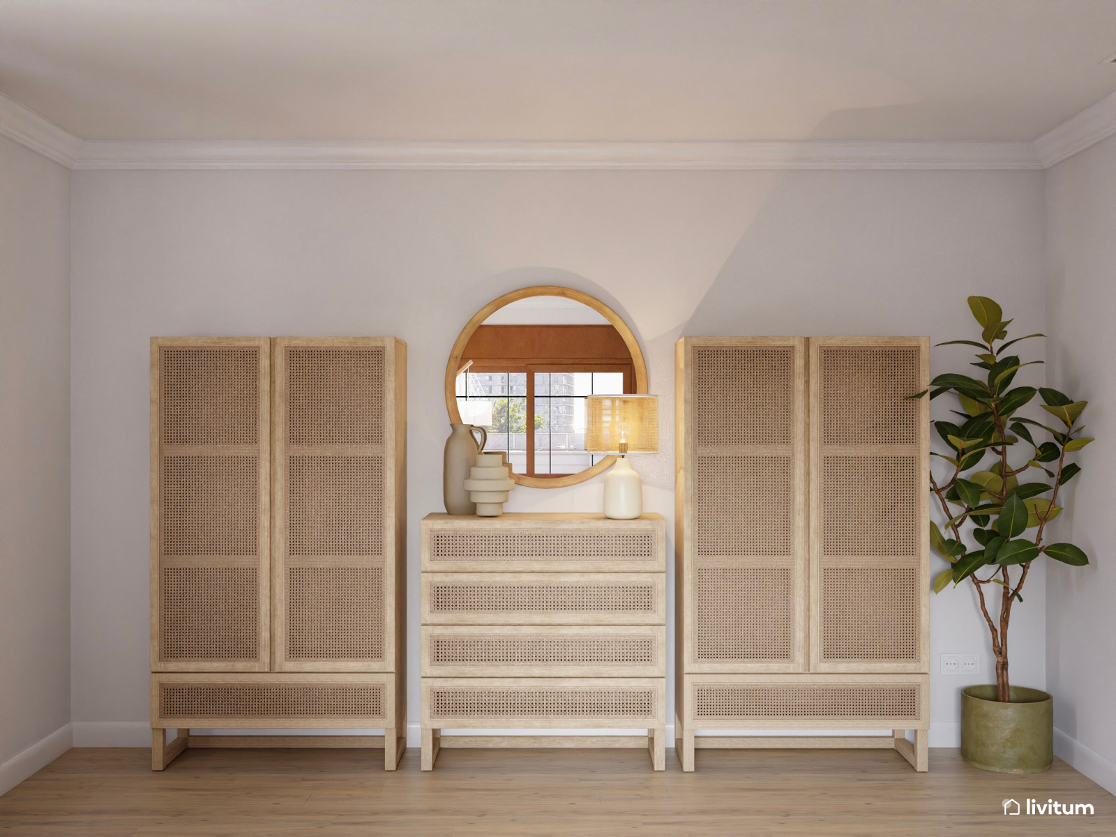 Salón comedor elegante en madera y tonos claros