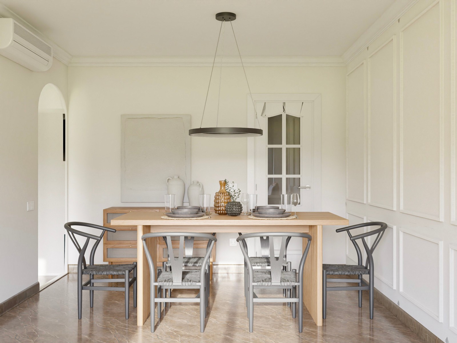 Salón comedor elegante, moderno y minimalista en blanco 